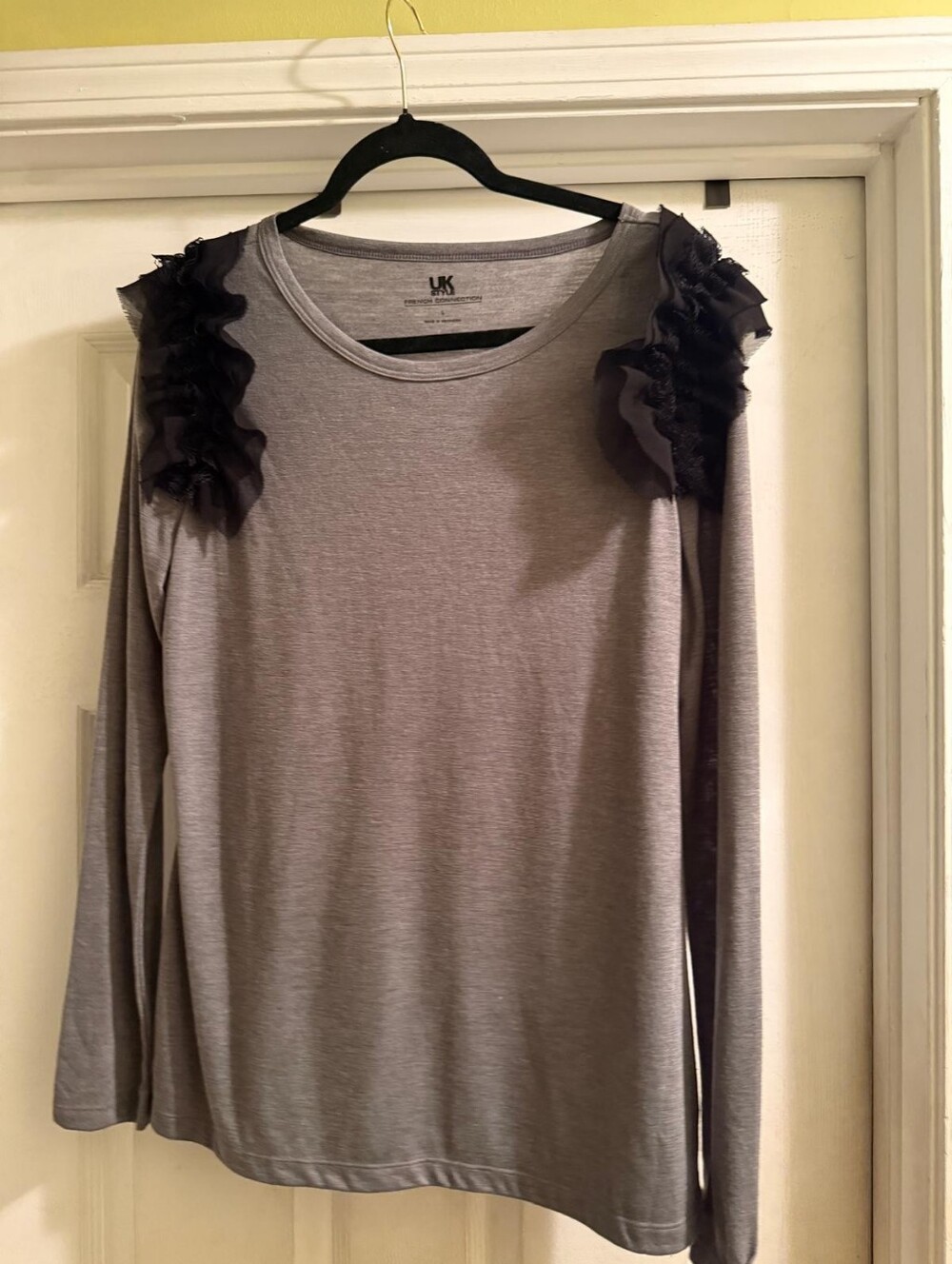 French Connection Gray Long Sleeve Top with Black Ruffle Shoulders